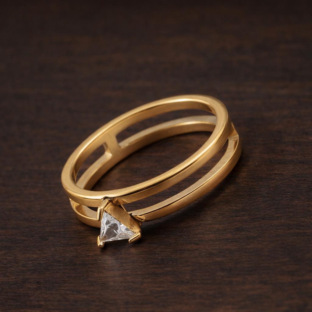 Gold Plated Stainless Steel Triangle Zircon Ring, Two Layer Geometric Stacking Jewelry