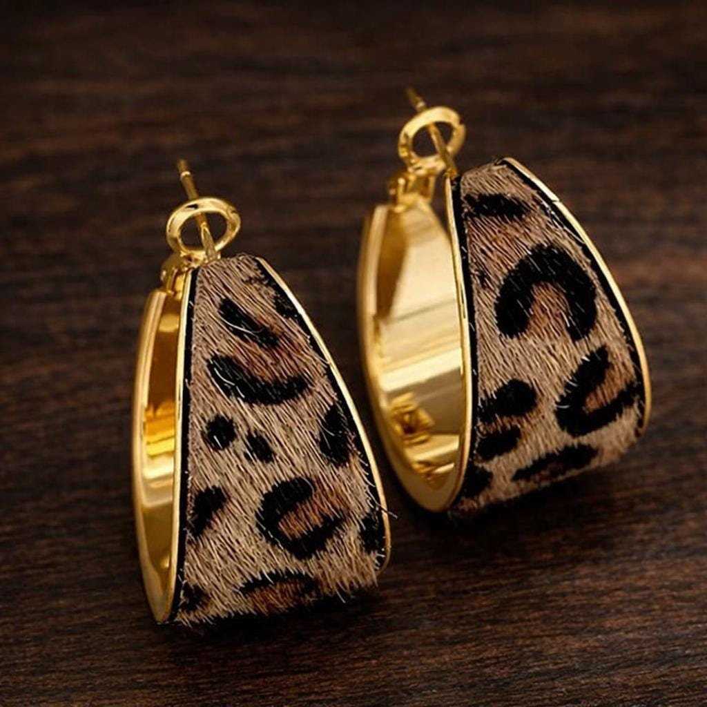 Leopard Print Flocked Fabric Hoop Earrings, Vintage Style Statement Jewelry for Parties