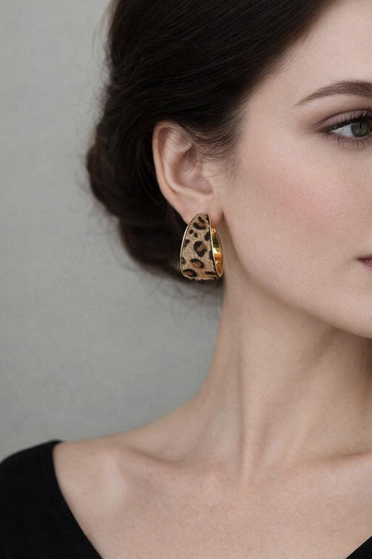 Vintage Leopard Print Flocked Fabric Hoop Earrings, Elegant Statement Party Jewelry