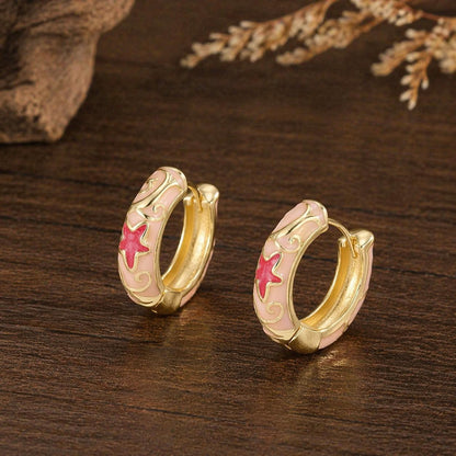 Gilded Copper Cloisonne Pearl Floral Earrings, Vintage Enamel Stud Jewelry