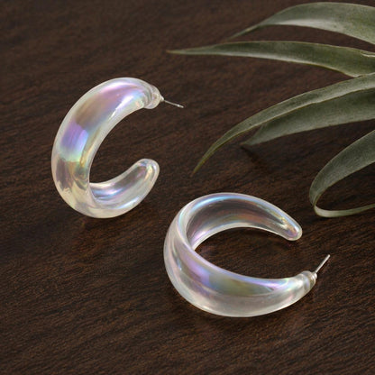 Transparent C-Shaped Hoop Earrings, Mermaid Iridescent Acrylic Lightweight Fashion Jewelry