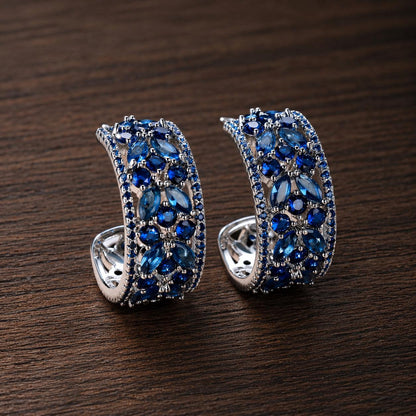 Hollow Blue Flower Hoop Earrings, Shiny Statement Wedding Party Jewelry