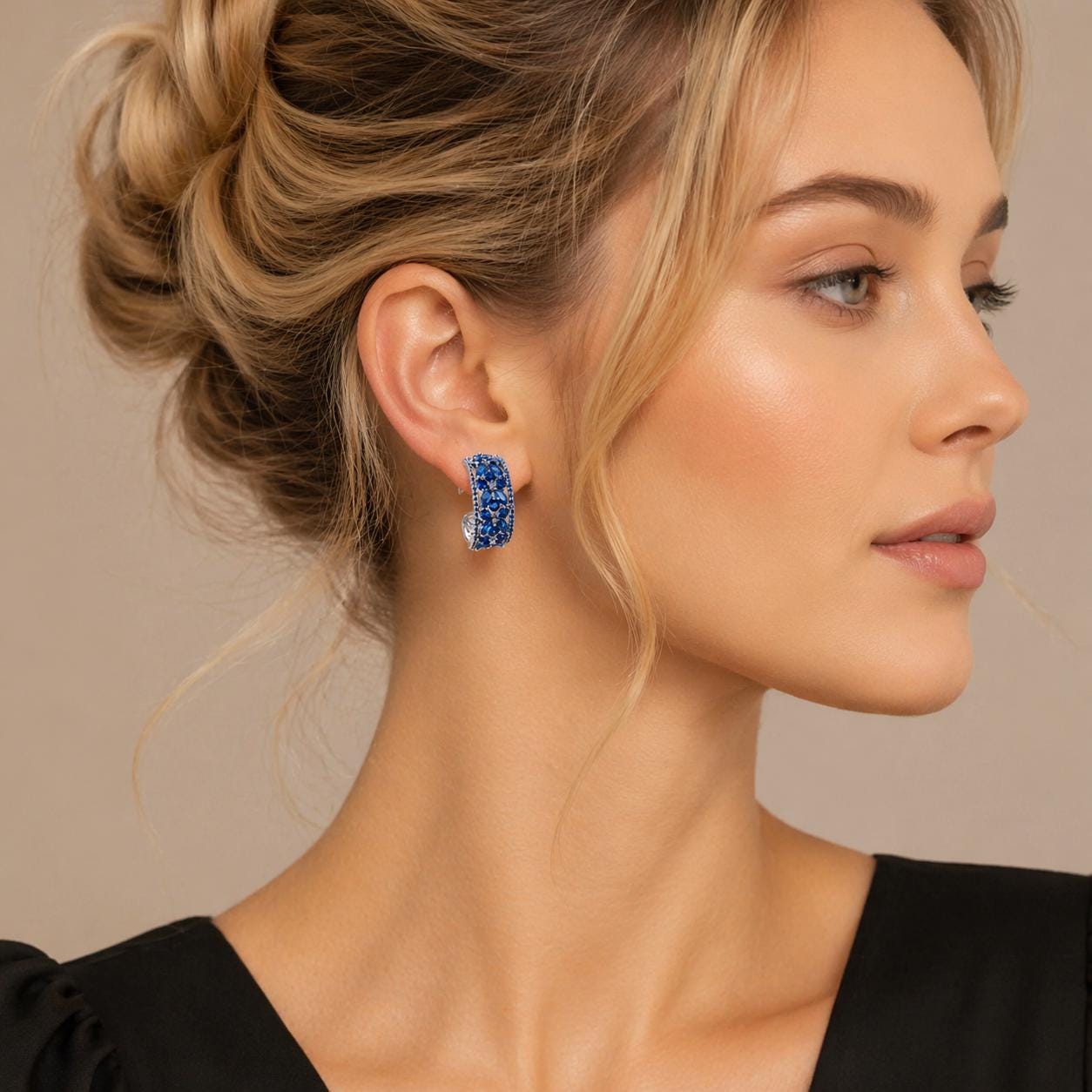 Hollow Blue Flower Hoop Earrings, Shiny Statement Wedding Party Jewelry
