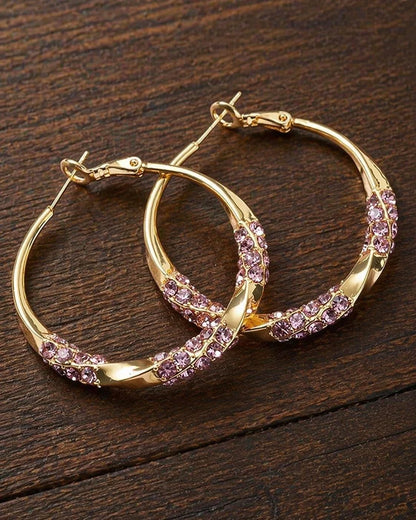 Gold Tone Hoop Earrings, Purple Rhinestone Statement Hoops, Elegant Jewelry