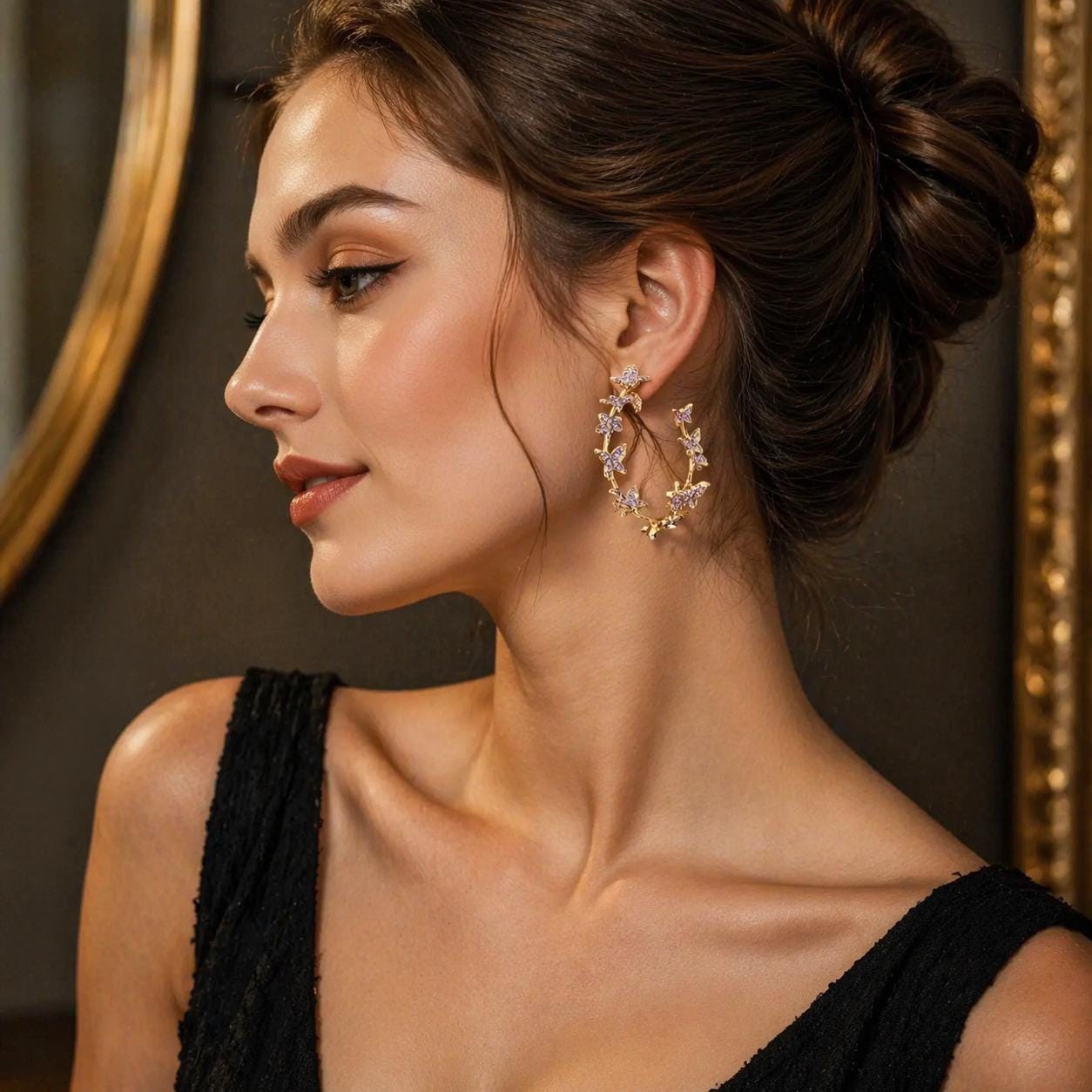 Gold Tone Butterfly Hoop Earrings, Rhinestone Crystal Statement Jewelry