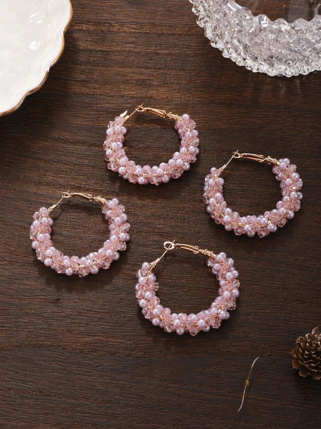 Pink Hoop Earrings with Faux Pearl Crystal Accents, Elegant Minimalist Jewelry