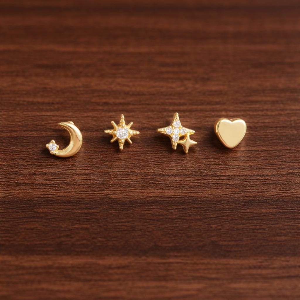 Stainless Steel Star Moon Heart Stud Earrings Set, Punk Rock Unisex Piercing Jewelry