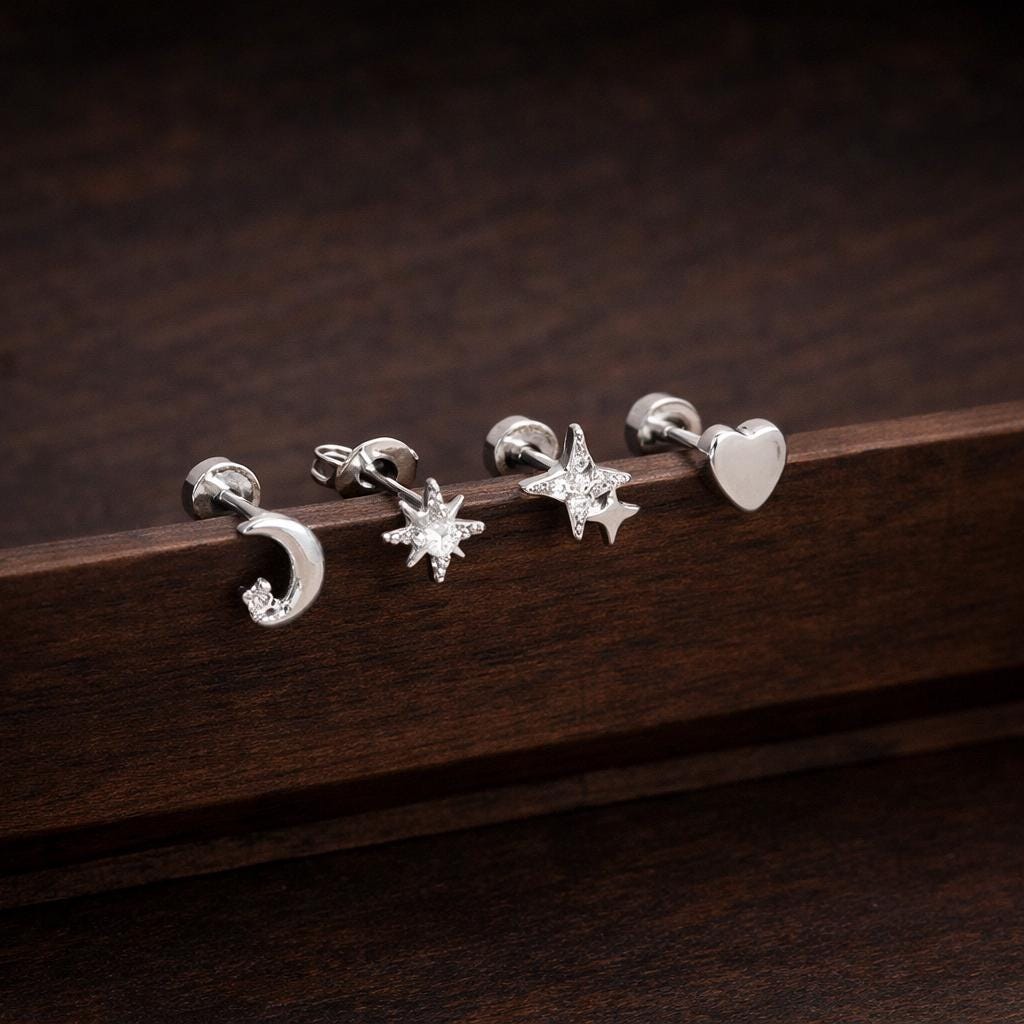 Stainless Steel Star Moon Heart Stud Earrings Set, Punk Rock Unisex Piercing Jewelry