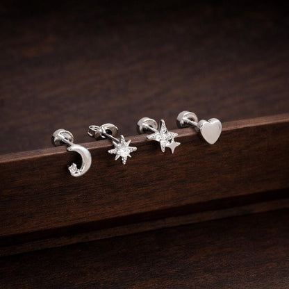 Stainless Steel Star Moon Heart Stud Earrings Set, Punk Rock Unisex Piercing Jewelry
