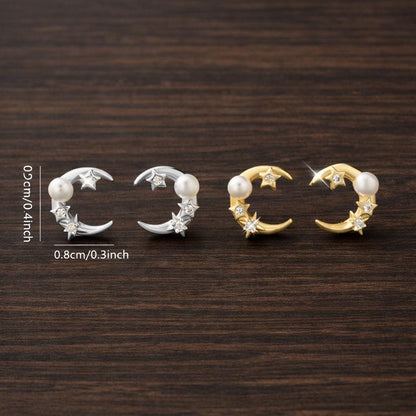 Sterling Silver Moon Stud Earrings, CZ Pearl Celestial Minimalist Jewelry