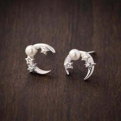 Sterling Silver Moon Stud Earrings, CZ Pearl Celestial Minimalist Jewelry