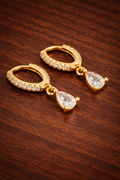 14K Gold Plated Teardrop Hoop Earrings with Zircon Stones – Minimalist Dangle Jewelry